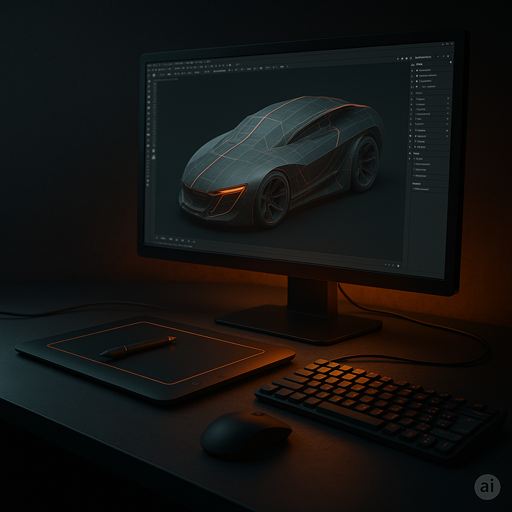 A 3D workstation with a car model on screen