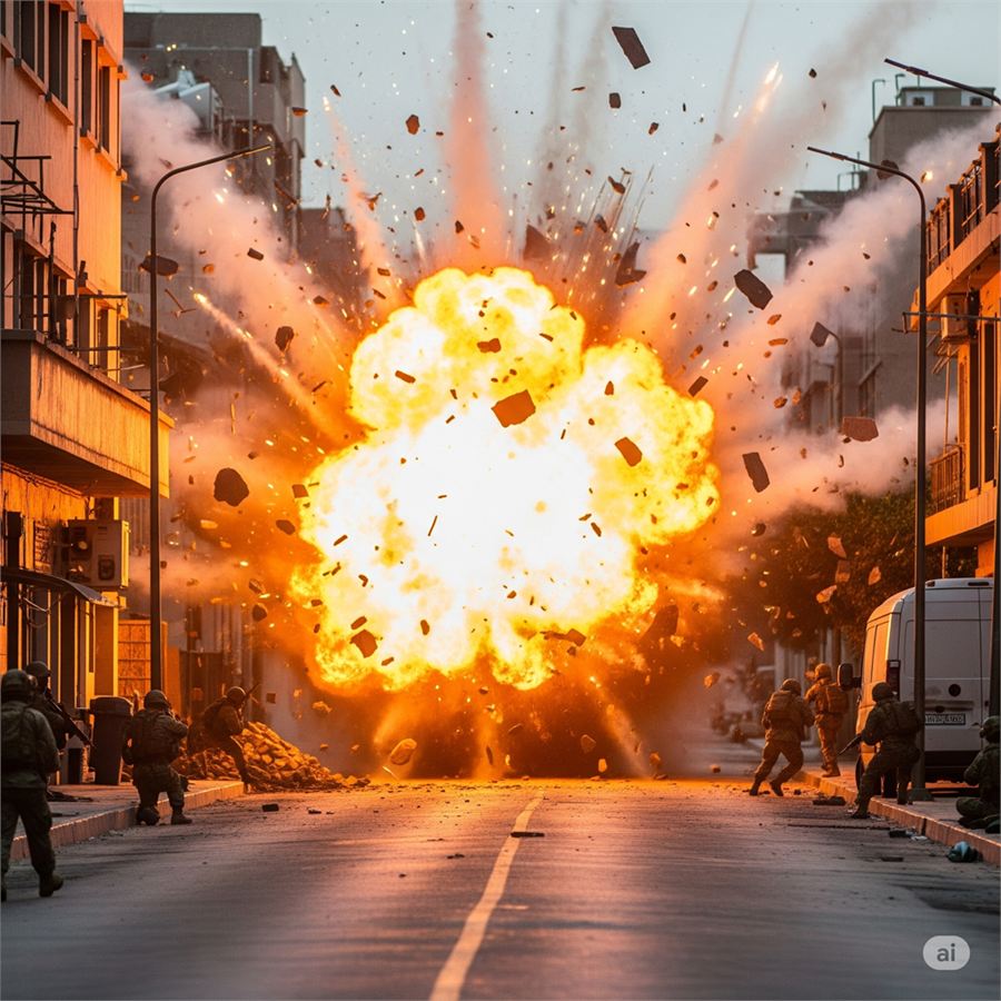 Composited explosion in a city street