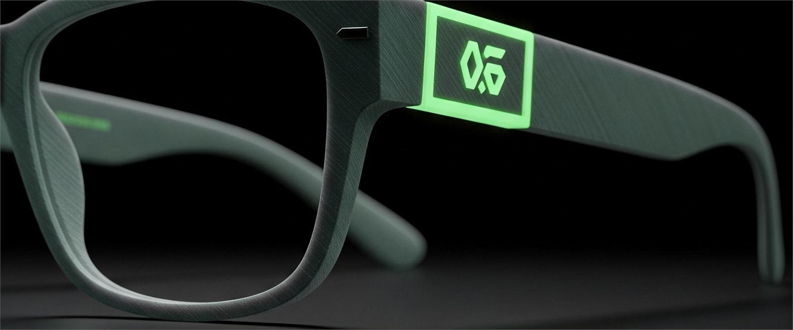 Product render of eyeglasses on a dark background